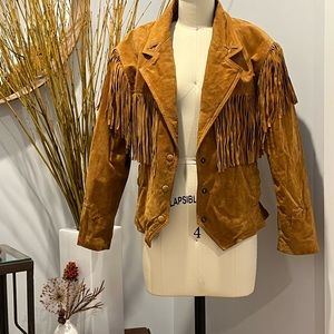 Vintage Fringed Suede Tan Leather Bomber Jacket by Wilsons, Size Women’s Large